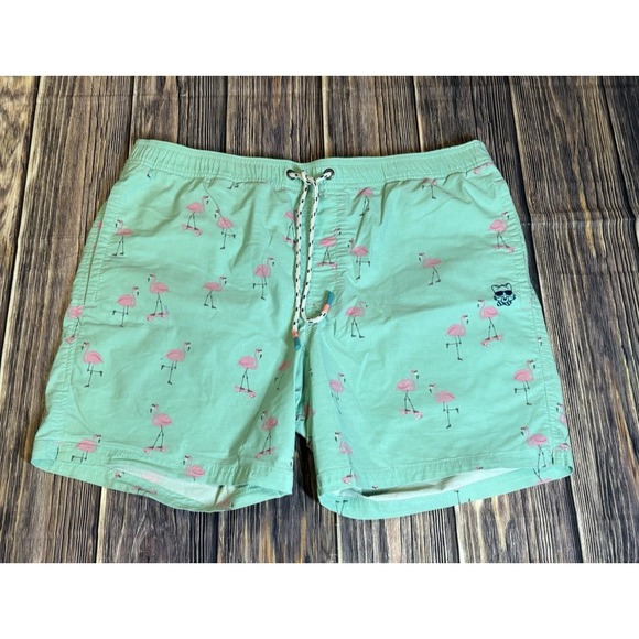 Party Pants Mens Swim Trunks XL Teal Flamingo Print Boardshorts Beachwear - Picture 1 of 16
